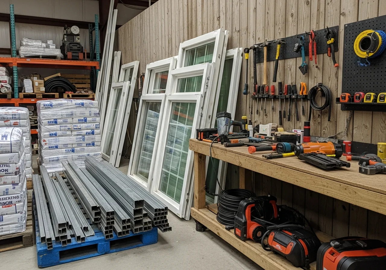 Home improvement crew with tools and equipment ready for a residential job. Shop floor or truck bed displaying windows, doors, and roofing materials.