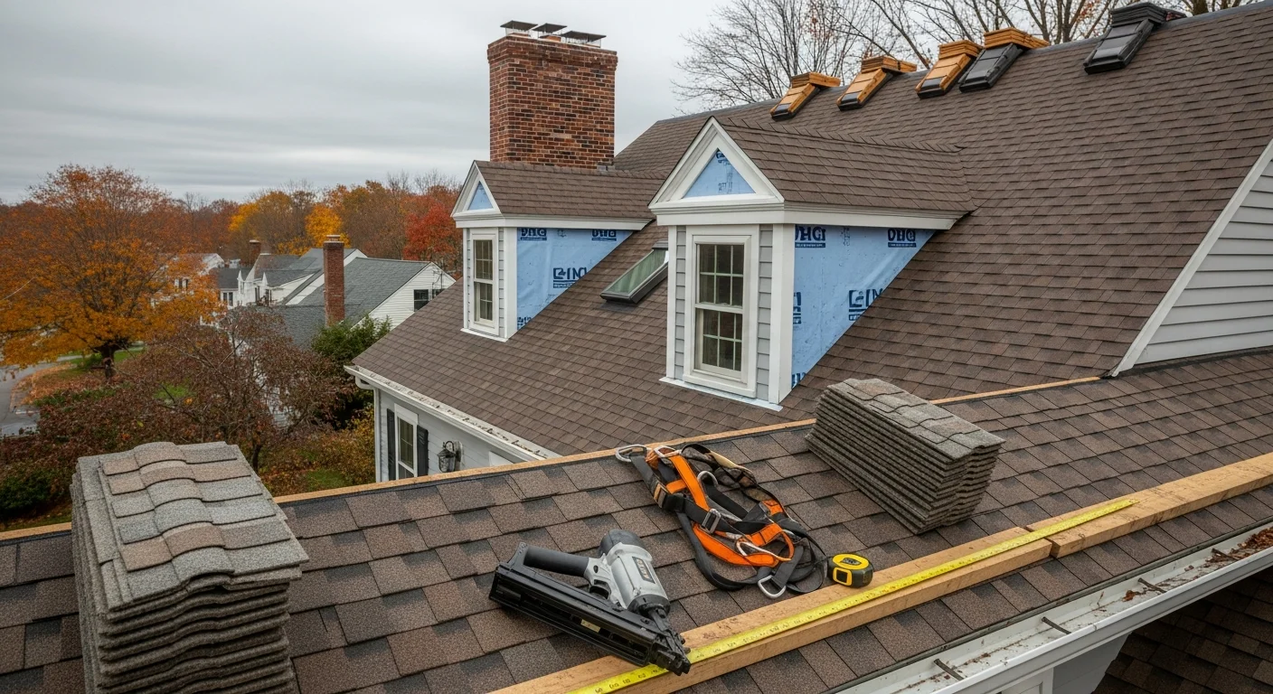 Professional roofer installing new roof shingles on residential home