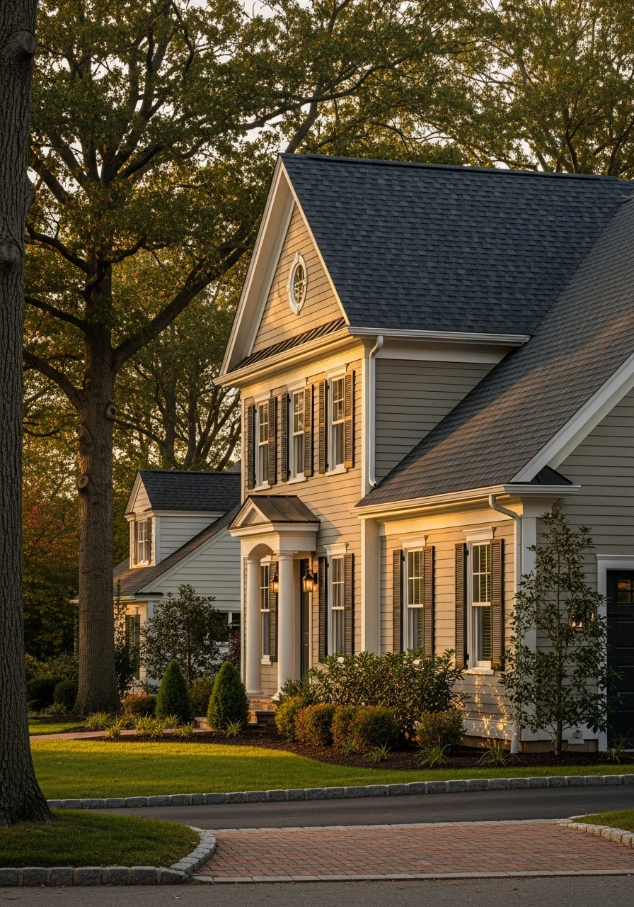 Longmeadow home exterior showcasing refined architectural details and manicured grounds.
