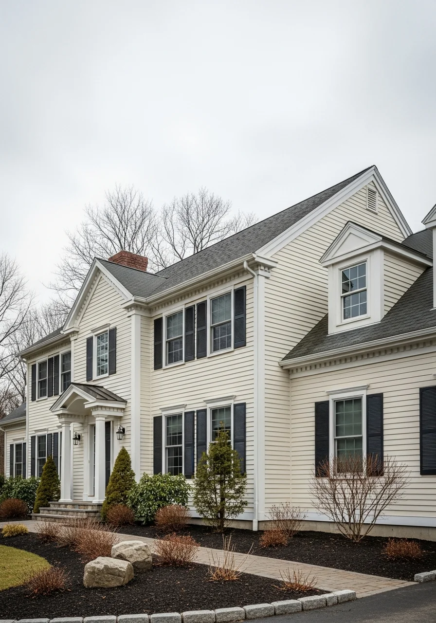 Close-up of a Westfield home's exterior showing traditional New England architecture and landscaping.