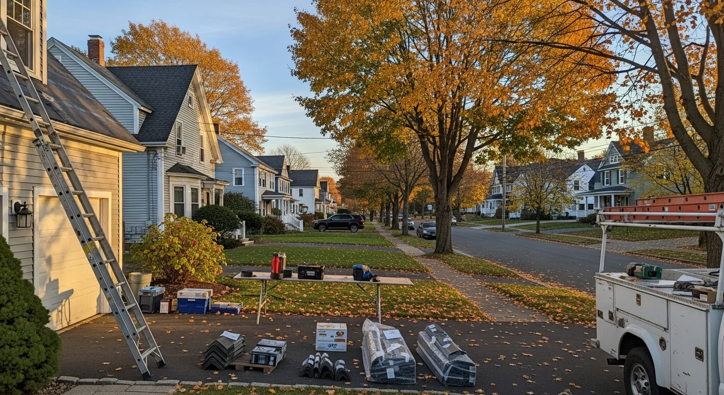 Residential street in Westfield with mature trees and well-maintained colonial and Victorian homes.