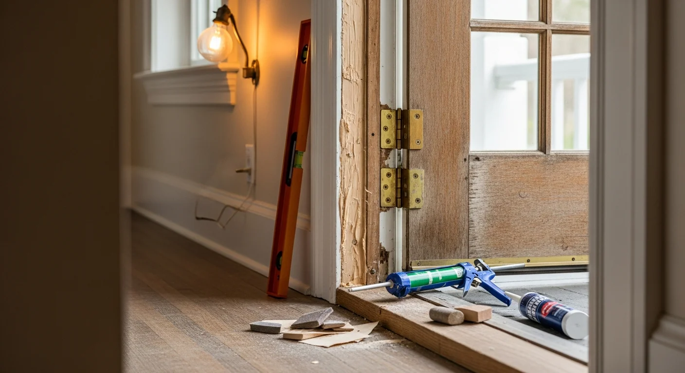 A repaired residential exterior door on a Westfield, Massachusetts home, showing a properly aligned frame and closed door with tight weatherstripping. A VN Home Improvement technician inspects the door hinge and latch hardware on the front entryway.