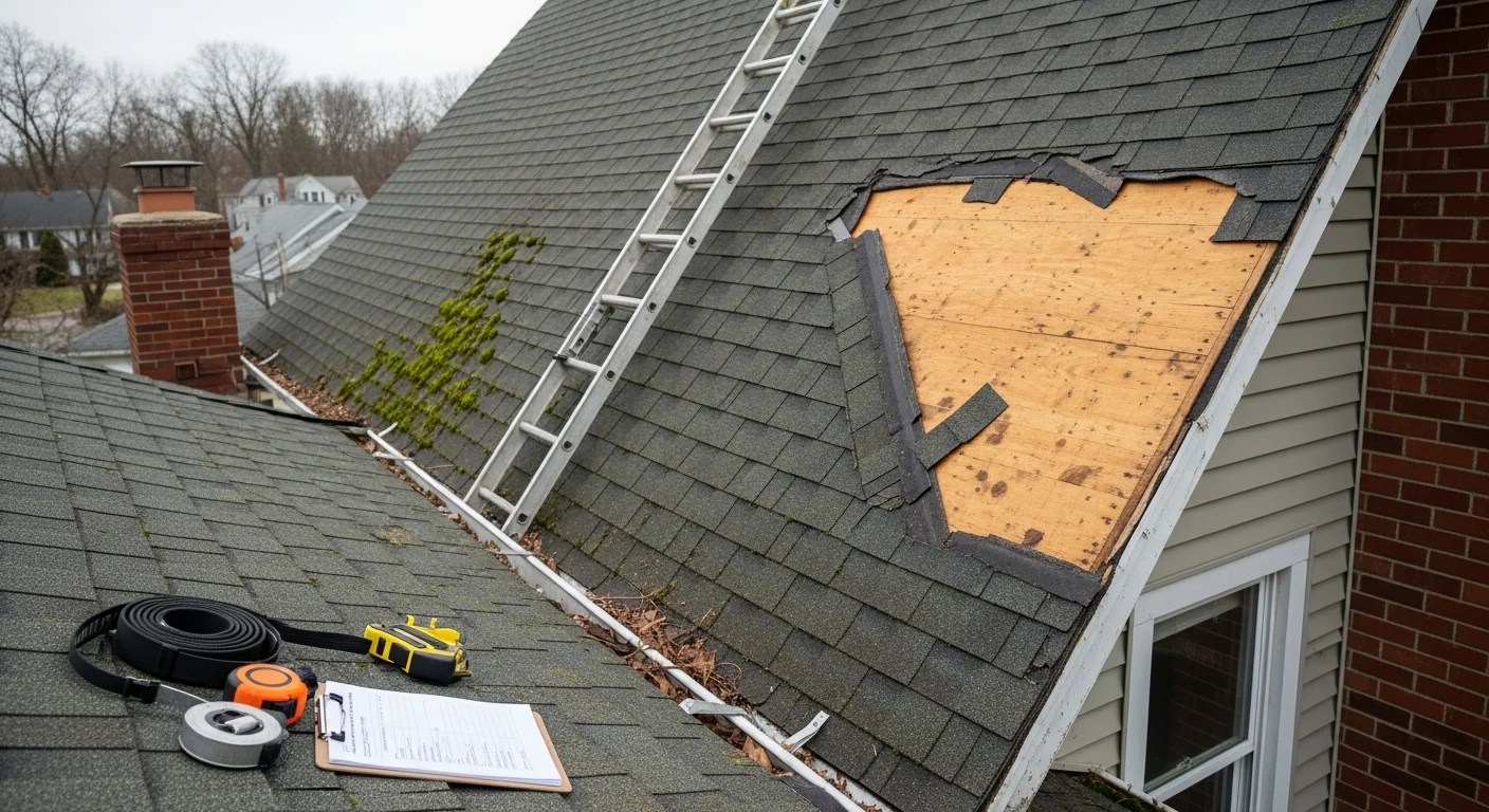 A Westfield Massachusetts single-family home with visible storm damage showing missing shingles and exposed roof deck after a nor'easter. A roofing contractor from VN Home Improvement inspects the affected area from a ladder positioned against the roofline.
