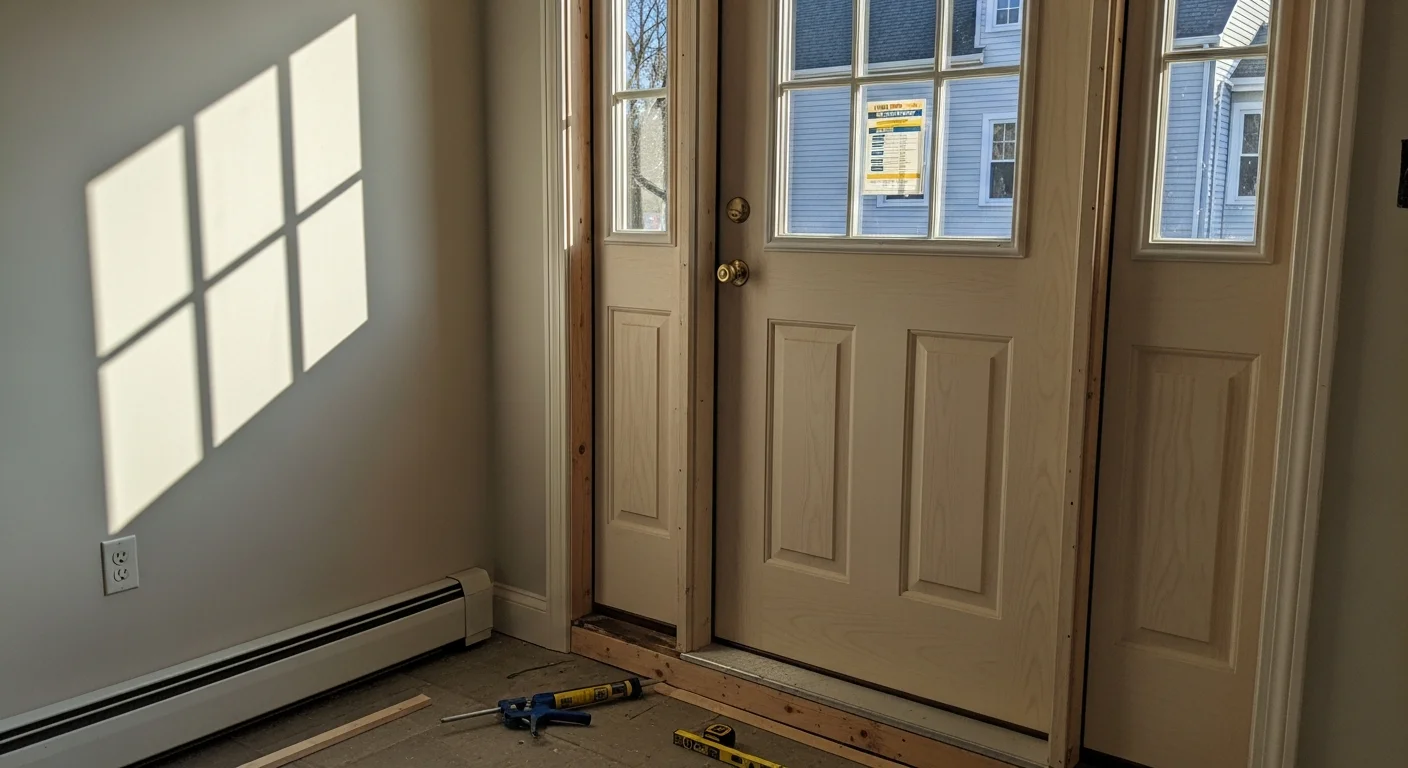 A newly installed entry door on a single-family home in Westfield, Massachusetts, with a clean frame, tight weatherstripping, and a secure deadbolt lock. The exterior shows a well-fitted door flush against the frame with no visible gaps.