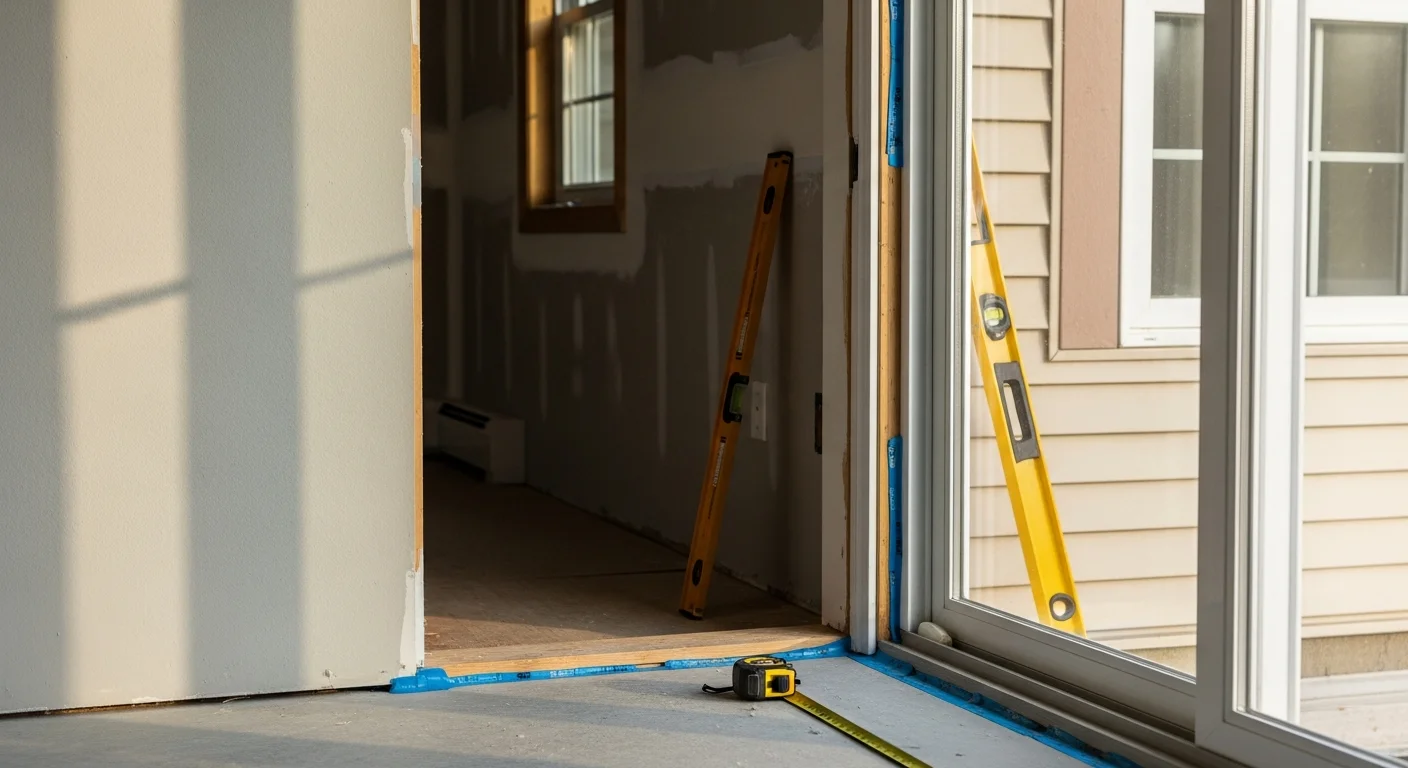 A newly installed patio door on a single-family home in Westfield, Massachusetts, showing finished exterior trim and a clean threshold at the backyard access point. The door frame is flush with the siding and the weatherstripping is fully seated around the perimeter.