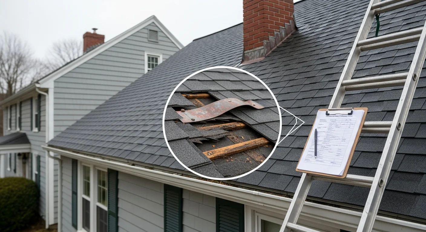 A VN Home Improvement roofing contractor inspecting shingles and flashing on a single-family home in Westfield, Massachusetts. The image shows a close-up view of the roof surface with visible inspection work being performed on a residential property.