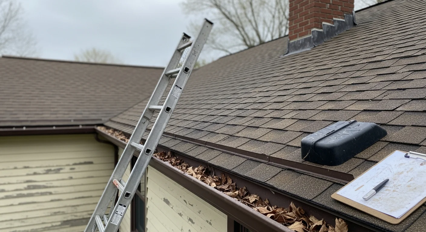A roofing contractor from VN Home Improvement inspecting the surface and flashing of a single-family home roof in Westfield, Massachusetts. The image shows a pitched residential roof with visible gutter lines against a typical Western Massachusetts neighborhood backdrop.