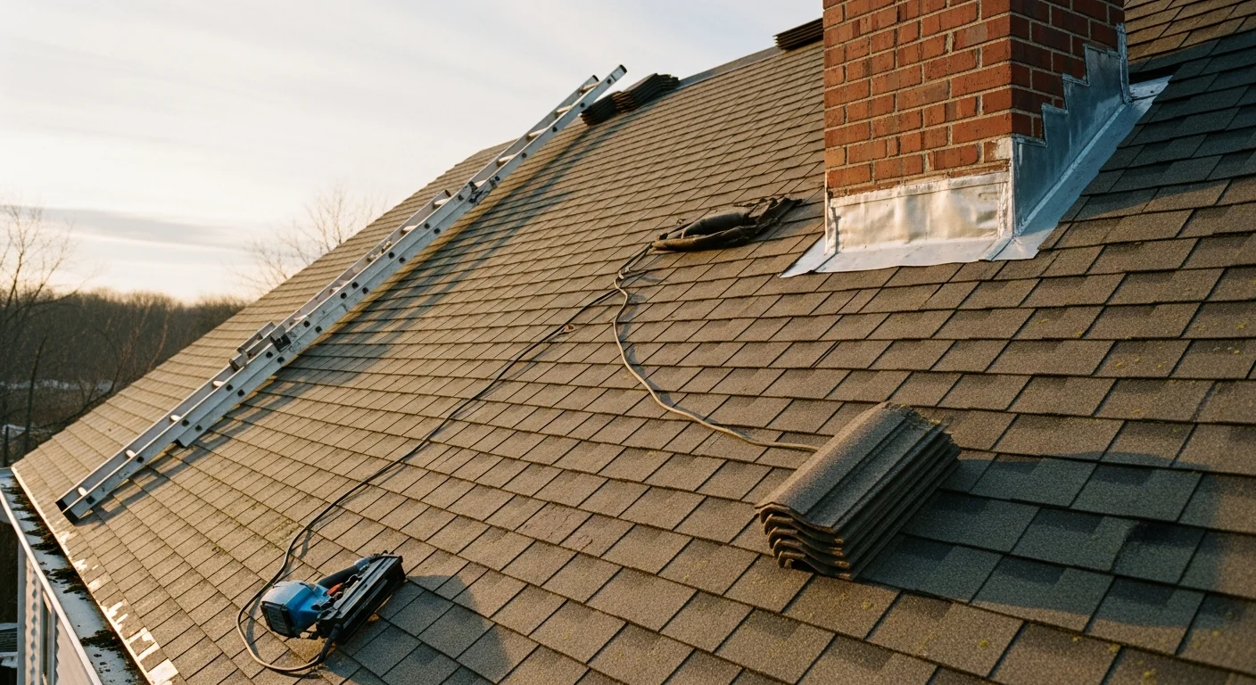 A repaired residential roof on a single-family home in Westfield, Massachusetts, showing replaced shingles and sealed flashing along the roofline. The surrounding landscape reflects a typical Western Massachusetts neighborhood setting.