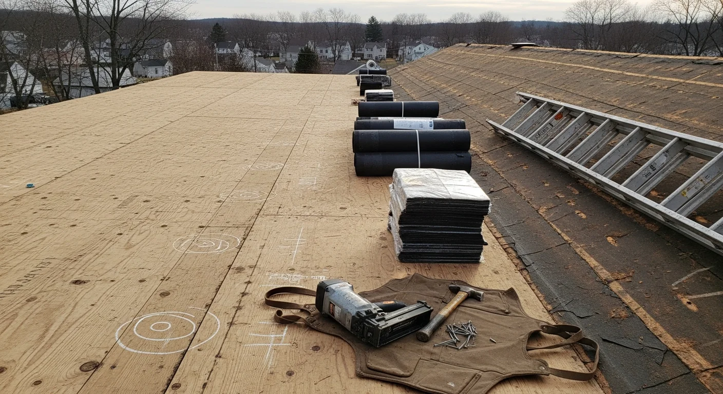 A completed roof replacement on a single-family home in Westfield, Massachusetts, showing new shingles installed over a clean deck with proper drip edge and flashing. The home reflects the midcentury residential style common across Westfield neighborhoods.