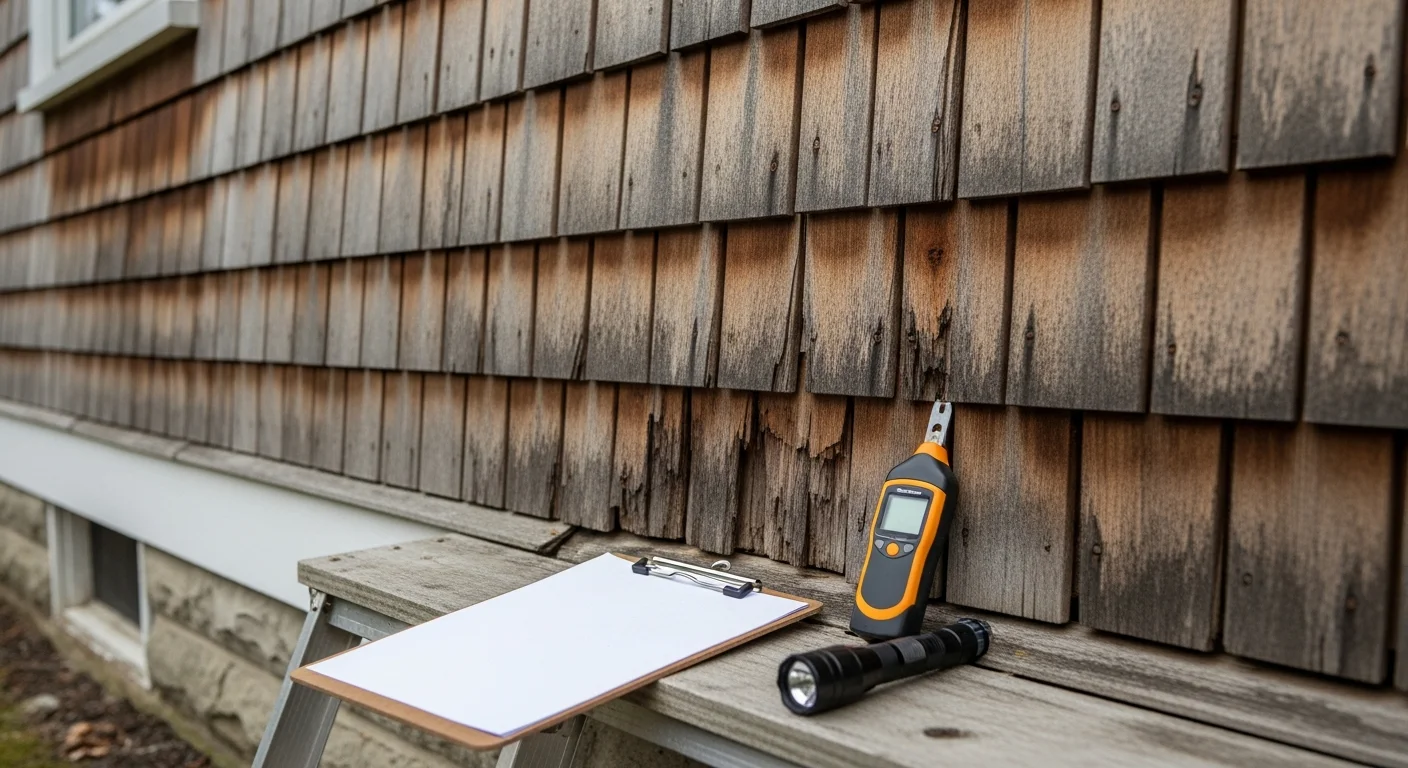 A VN Home Improvement contractor inspecting the exterior siding panels of a single-family home in Westfield, Massachusetts. The inspector examines seams and corner trim on an older wood-sided house on a clear day.