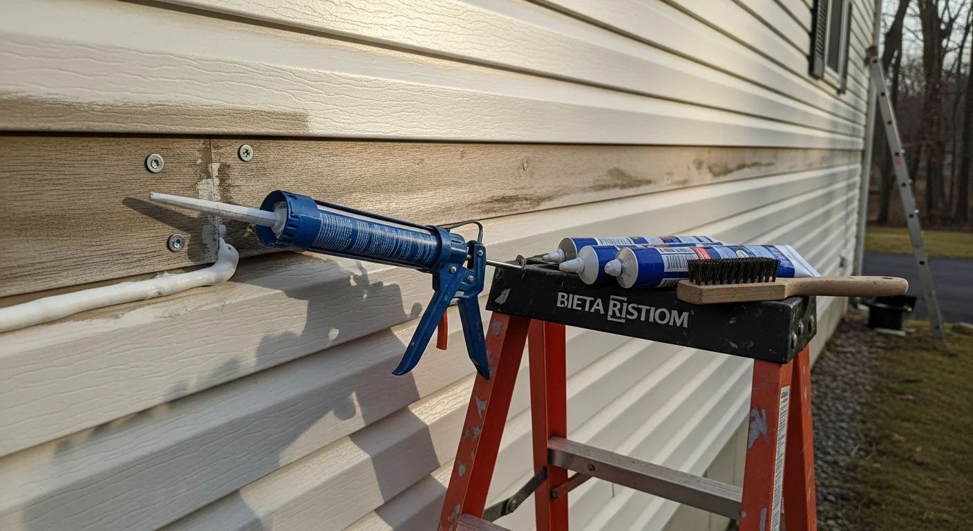 A VN Home Improvement crew member inspecting and re-sealing siding panels on a single-family home in Westfield, Massachusetts. Close-up view shows caulking being applied to a repaired seam along the exterior wall.