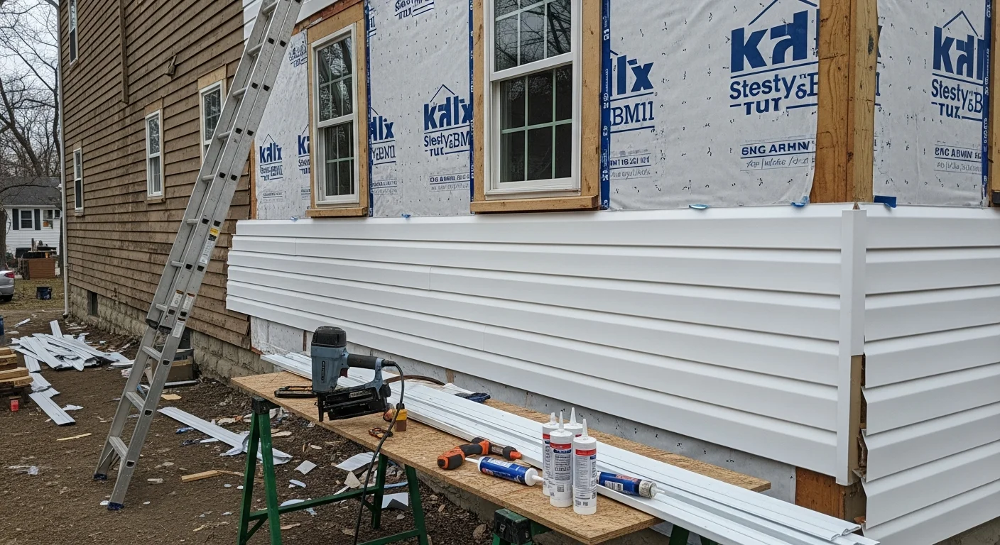 Freshly installed replacement siding on a single-family home in Westfield, Massachusetts, with clean corner trim and no visible gaps or warping. The exterior shows new panels fitted along the full front face of a Colonial-style home on a clear day.