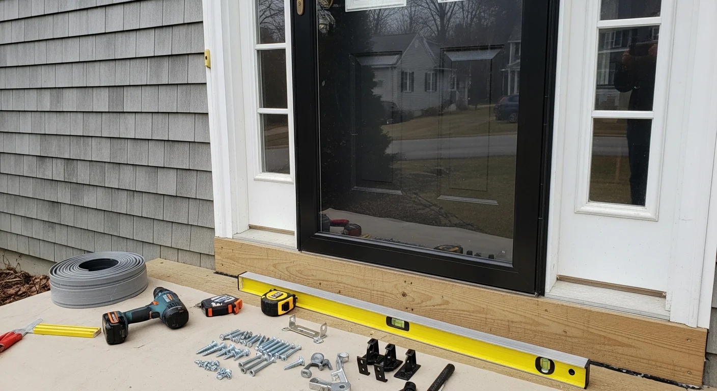 A newly installed storm door on the front entry of a Westfield, Massachusetts home, showing a clean aluminum frame and full-view glass panel fitted flush against the main entry door. The exterior setting reflects a typical New England residential property with a covered front stoop.