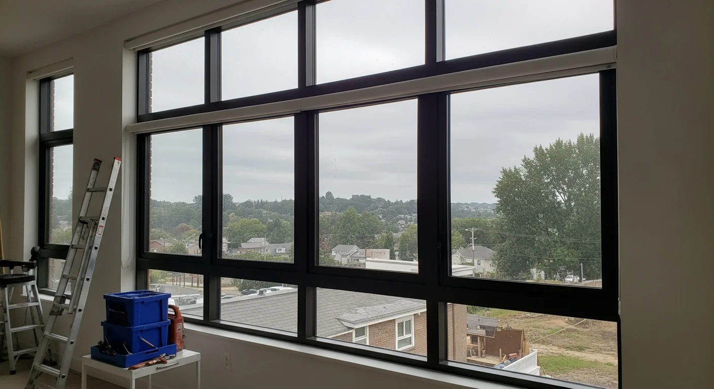 A Westfield, Massachusetts home with newly installed storm windows fitted over original wood-frame windows on the front facade. Close-up view shows the sealed frame edge and clean exterior finish against a typical New England residential streetscape.
