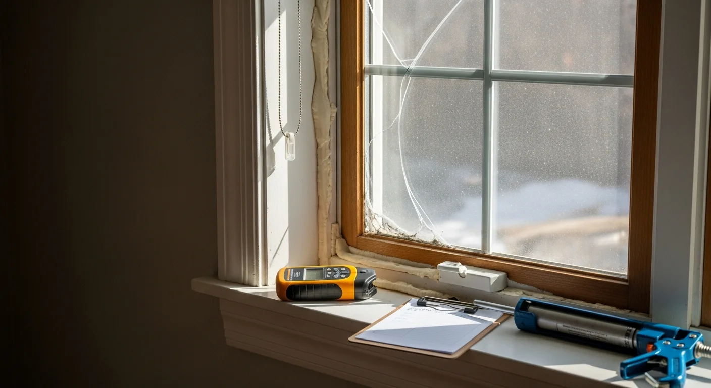A VN Home Improvement technician examining a residential window frame and seal on a single-family home in Westfield, Massachusetts. The inspector checks the sash, glass, and weather-stripping for signs of damage or air leakage.