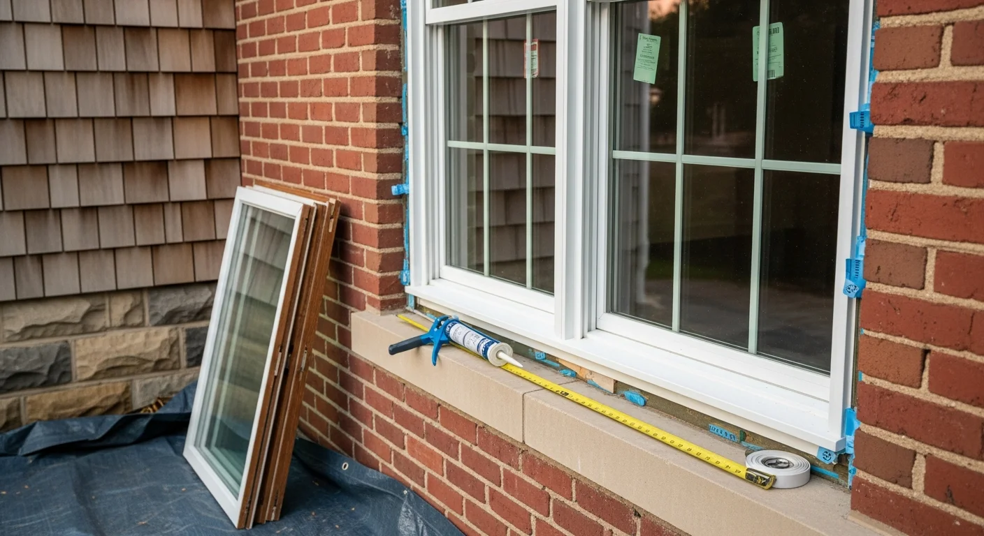 A newly installed double-hung window on the exterior of a single-family home in Westfield, Massachusetts, with a clean frame seal and fresh interior trim visible through the glass.