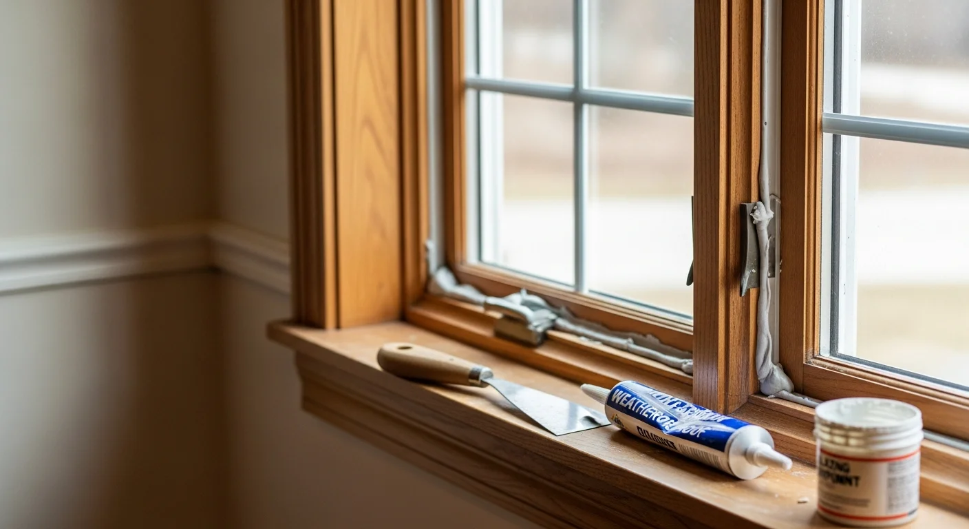 A repaired double-pane window on a residential home in Westfield, Massachusetts, showing a clear glass unit with a properly sealed frame and functional latch hardware. A VN Home Improvement technician inspects the finished window from outside the home.