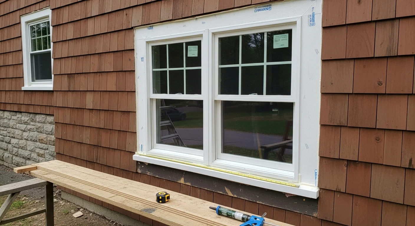 A freshly installed replacement window on the exterior of a single-family home in Westfield, Massachusetts, showing clean trim lines and a tight seal against the painted wood siding. The surrounding frame shows no gaps, and the glass is clear with no condensation between panes.
